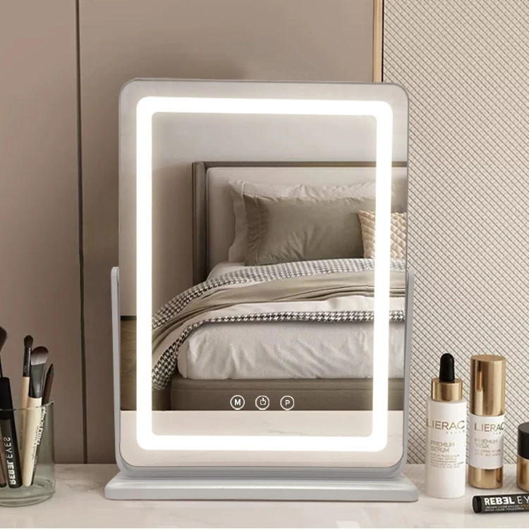 Aluminum Alloy Hollywood Makeup Mirror Three-Color Lighting Home Desktop LED Makeup Mirror 360 Rotating with Light Bedroom Mirror