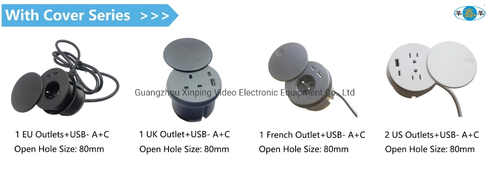 New 80mm Mini Smart Round EU/Us/UK Round Grommet Office Desk Power Outlet with USB a+USB-C Charging Port Top with Rotation Cover